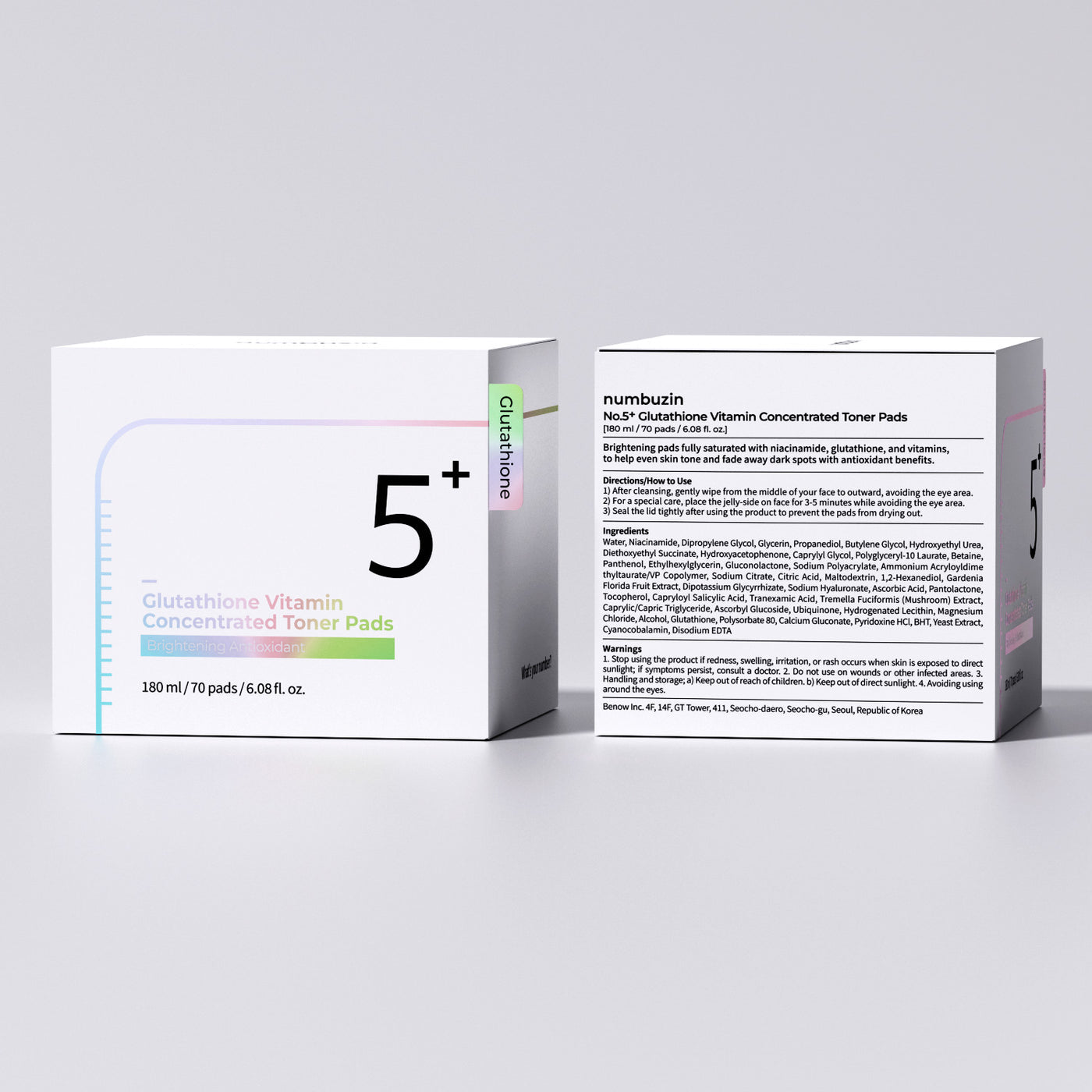 Box of Numbuzin 5+ Glutathione Vitamin Concentrated Toner Pads on a white background