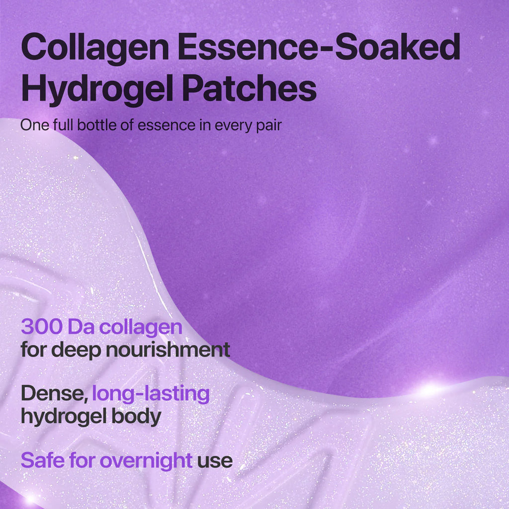 Advertisement for collagen essence-soaked hydrogel patches with purple background and white text.