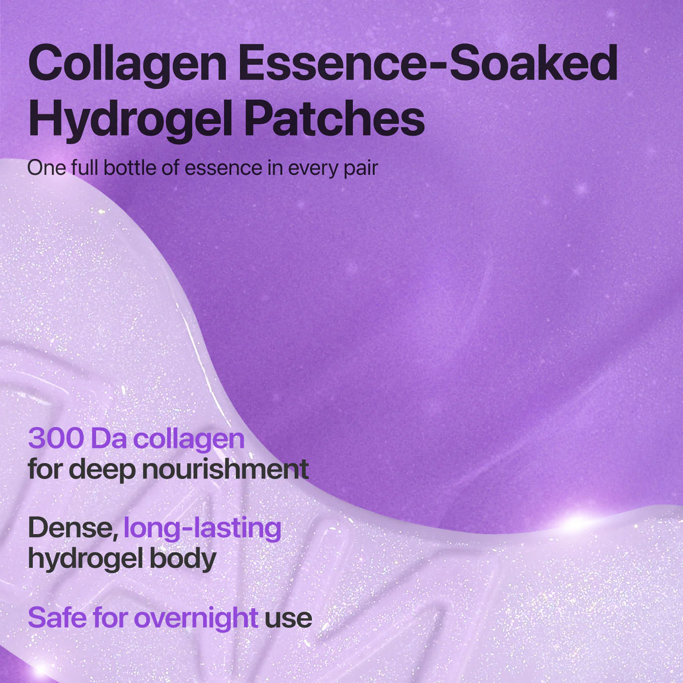 Advertisement for collagen essence-soaked hydrogel patches with purple background and white text.