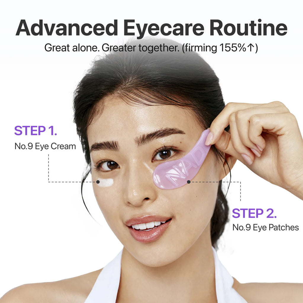 Woman applying eye cream with text on advanced eyecare routine