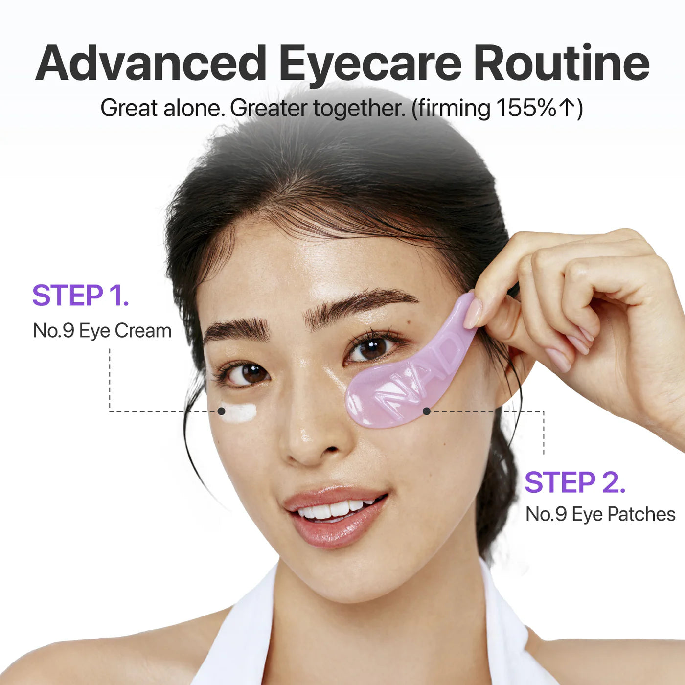 Woman applying eye cream with text on advanced eyecare routine