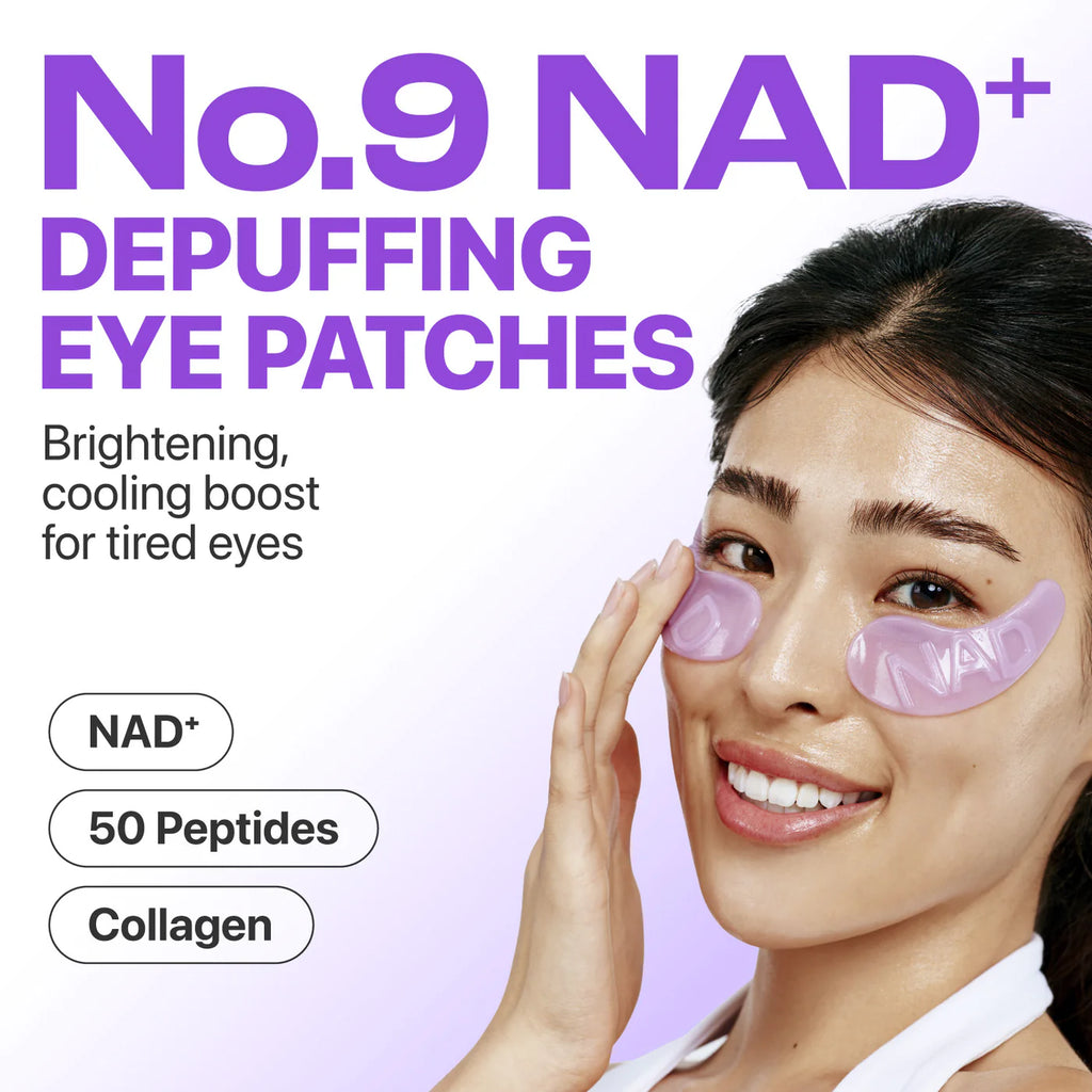 Advertisement for No. 9 NAD+ depuffing eye patches with a model wearing the product.