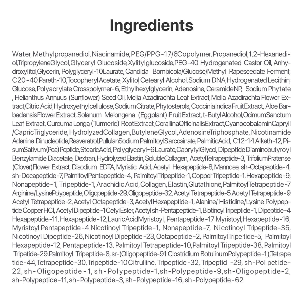 List of ingredients on a white background in No.9 NAD+ PDRN Glow Boosting Toner