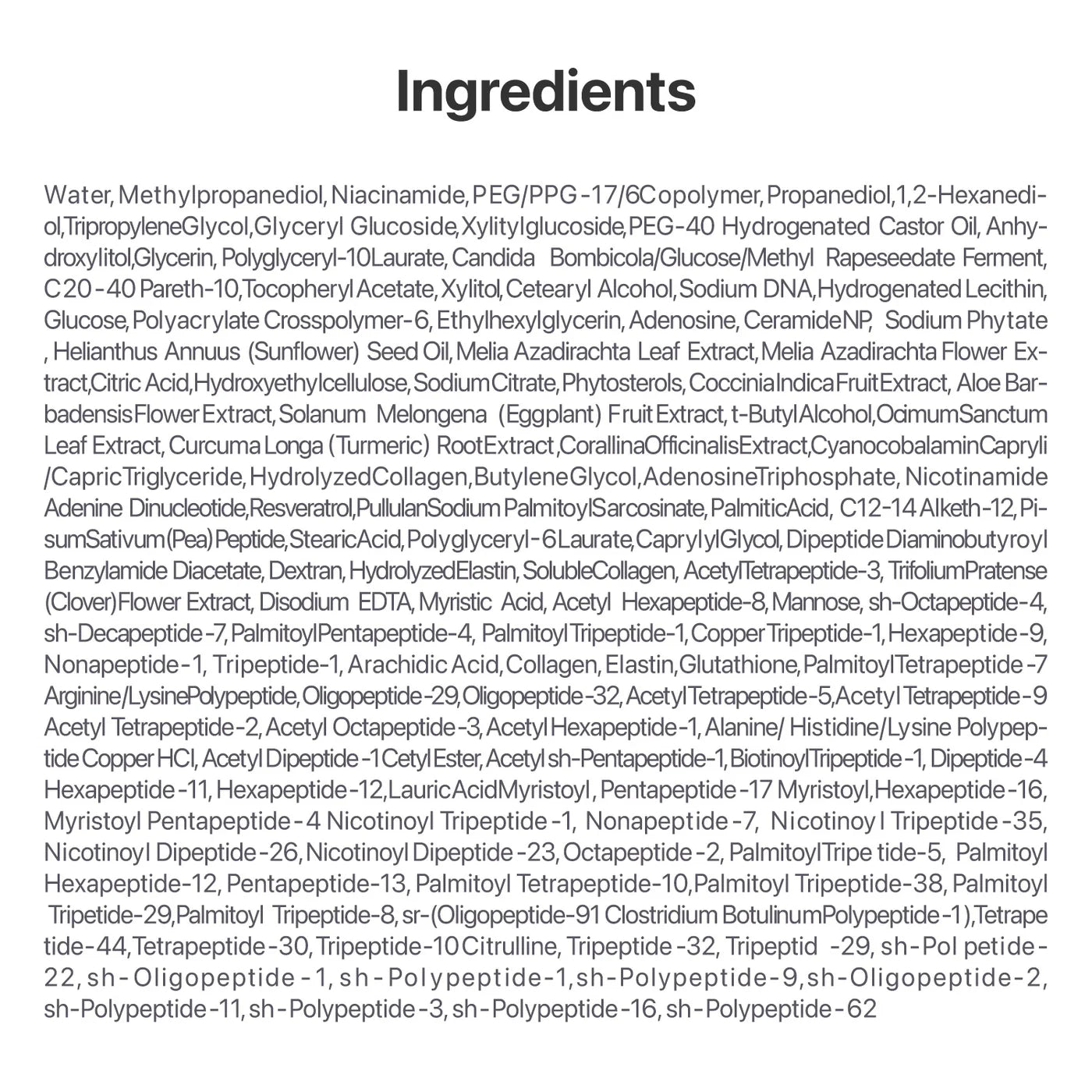 List of ingredients on a white background in No.9 NAD+ PDRN Glow Boosting Toner