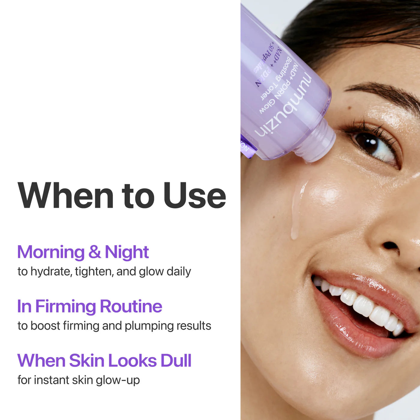 Cosmetic product being applied to a woman's face with usage instructions on a white background