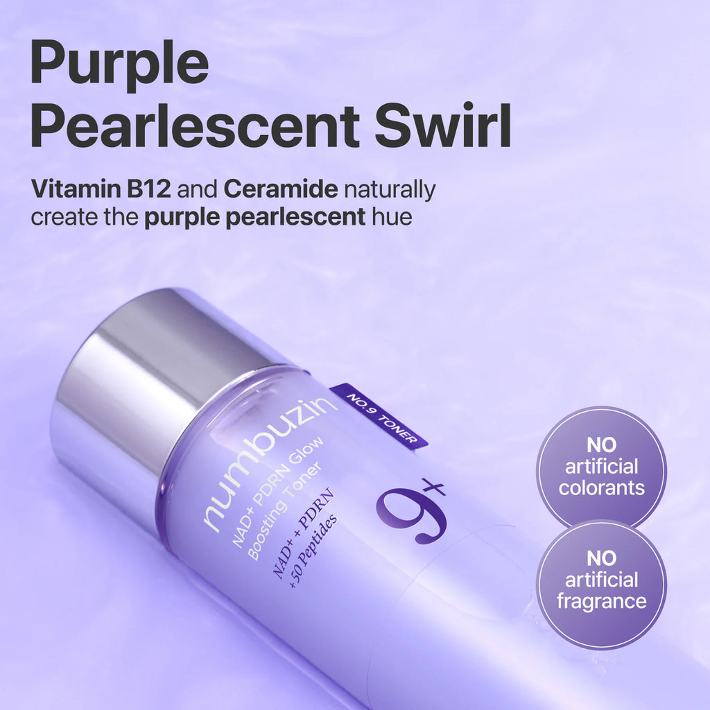 Purple bottle with 'numbuzin' branding on a light purple background, featuring text about Vitamin B12, Ceramide, and product features.