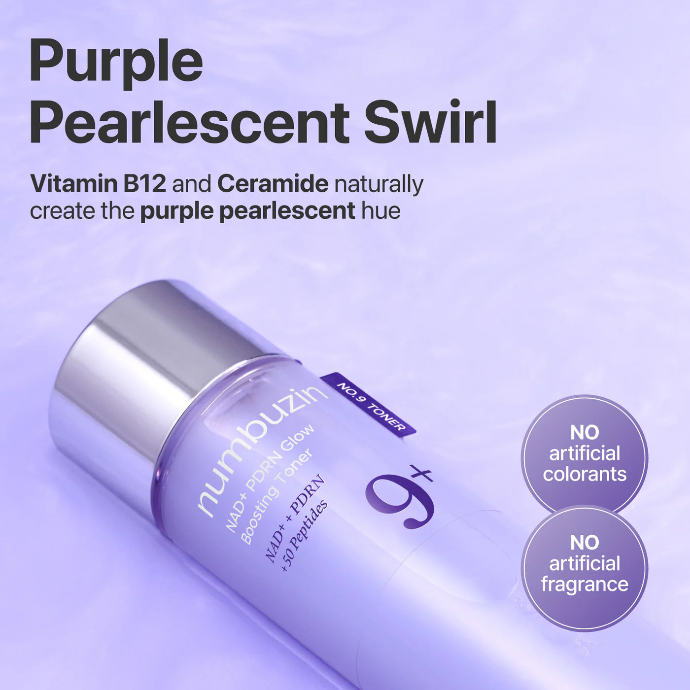 Purple bottle with 'numbuzin' branding on a light purple background, featuring text about Vitamin B12, Ceramide, and product features.