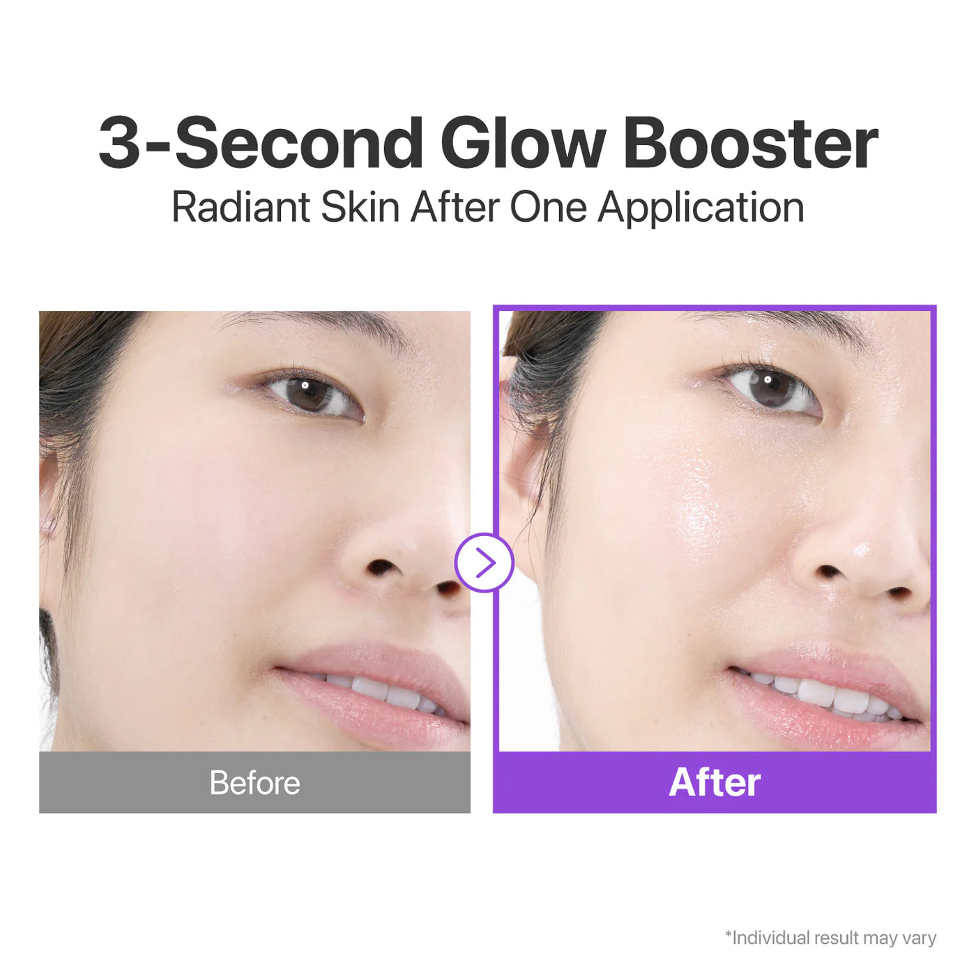 Before and after comparison of a 3-second glow booster on skin