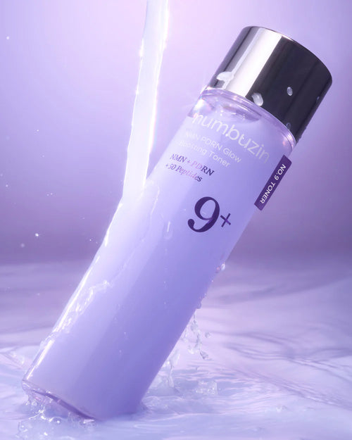 No.9 NAD+ PDRN Glow Boosting Toner Skincare bottle labeled '9+' with a purple gradient background