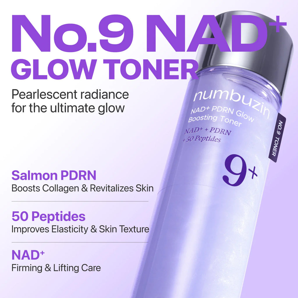 Numbuzin No.9 NAD+ Glow Toner bottle with product details on a light purple background