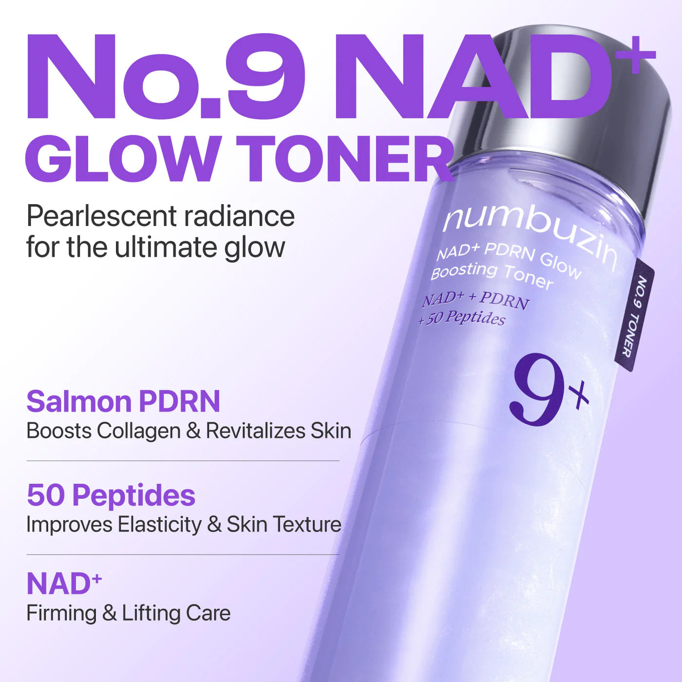 Numbuzin No.9 NAD+ Glow Toner bottle with product details on a light purple background