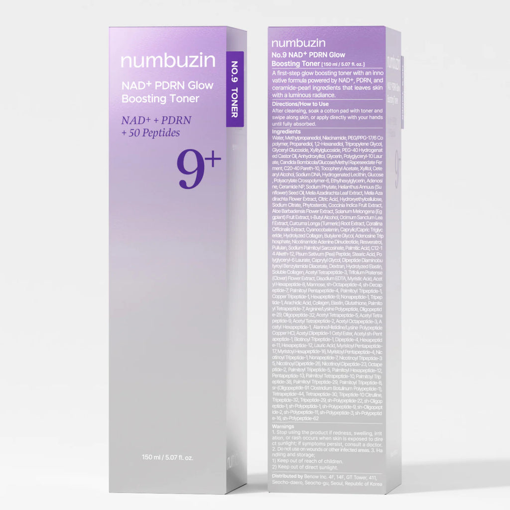 Numbuzin No.9 NAD+ PDRN Glow Boosting Toner skincare product packaging on a white background