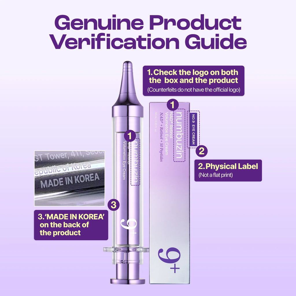 Product verification guide for a cosmetic item with a syringe-like container on a purple background.