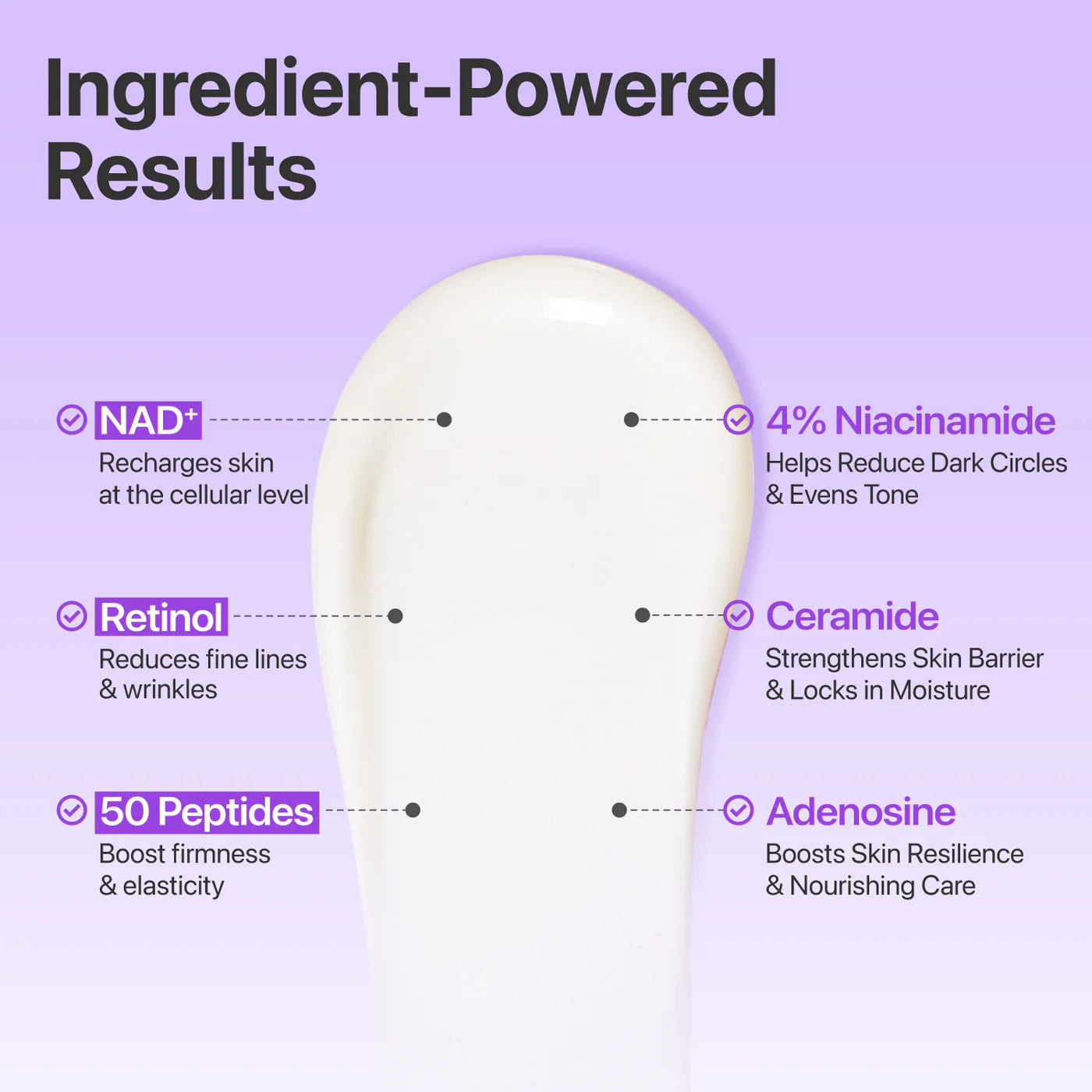 Skincare product with labeled ingredients on a purple background