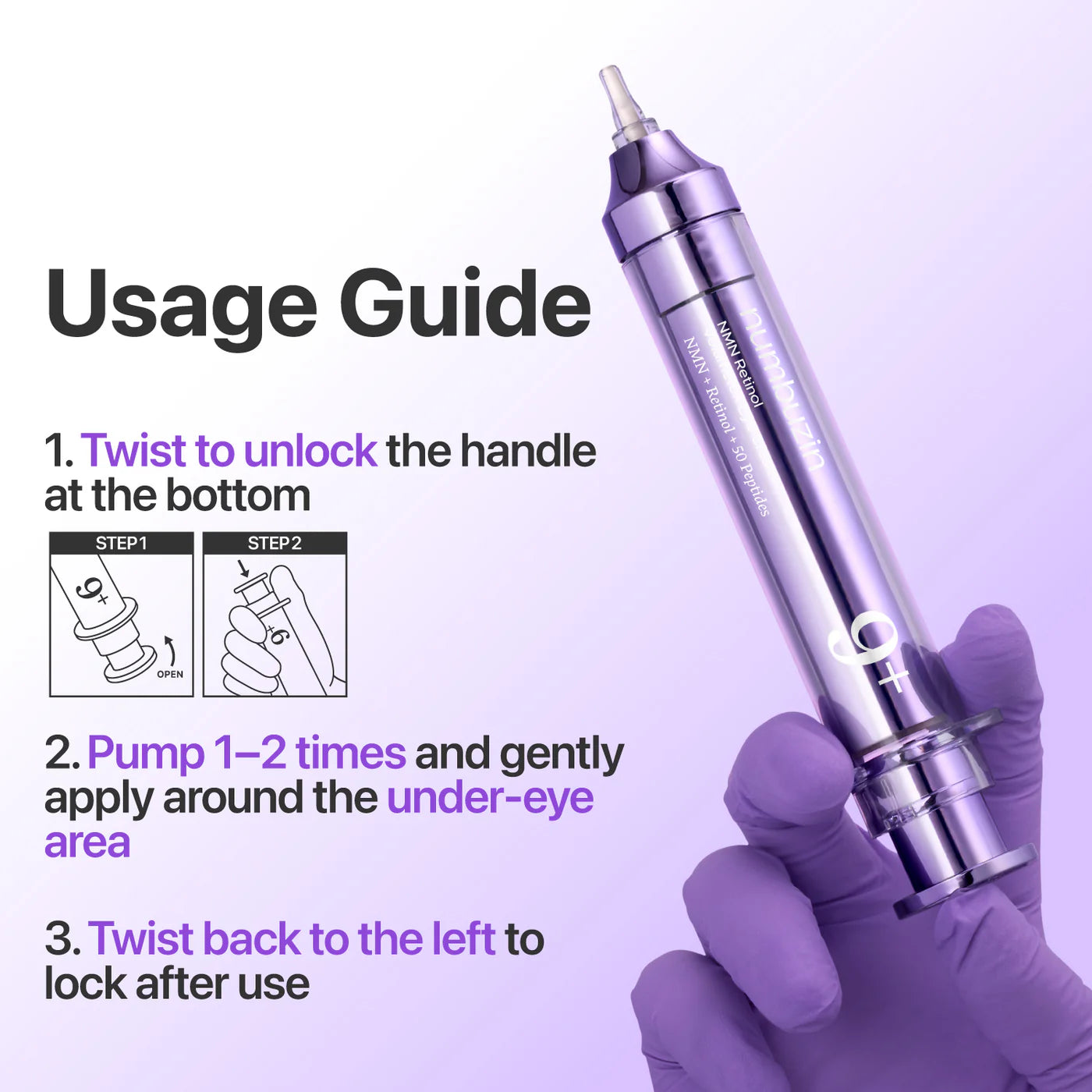 Purple cosmetic tool with usage guide on a purple background