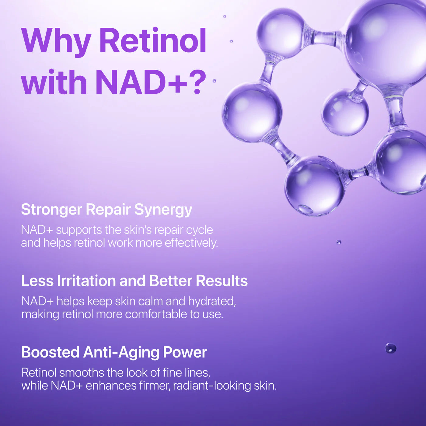Promotional graphic about retinol with NAD+ on a purple background with molecular structure illustration.