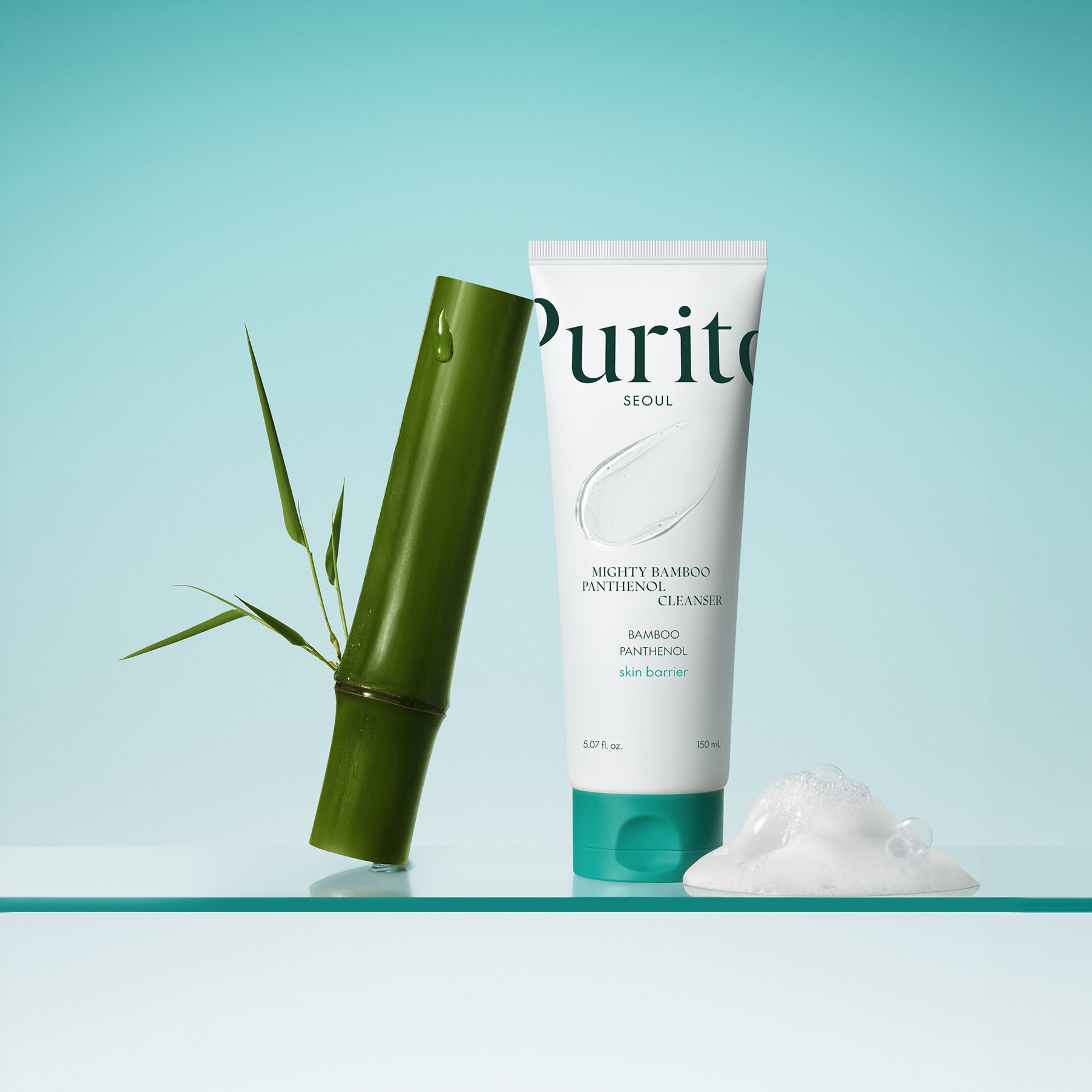 Purito skincare product with bamboo element on a light blue background