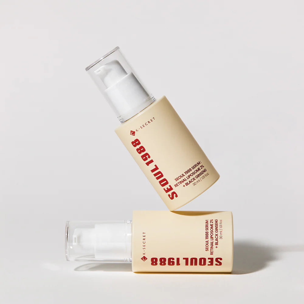 Two skincare bottles with 'Seoul 1988' branding on a light gray background