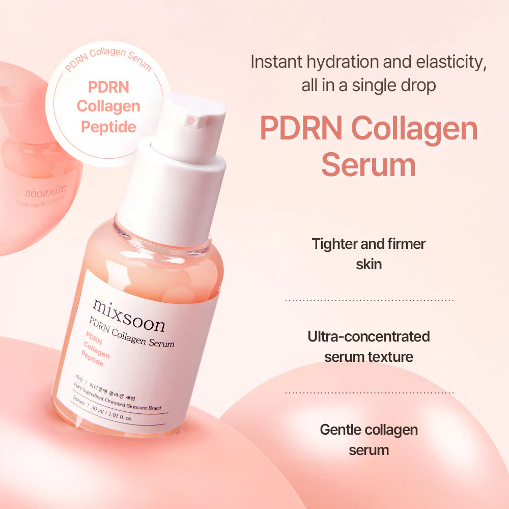 PDRN Collagen Serum bottle with text highlighting benefits on a pink background