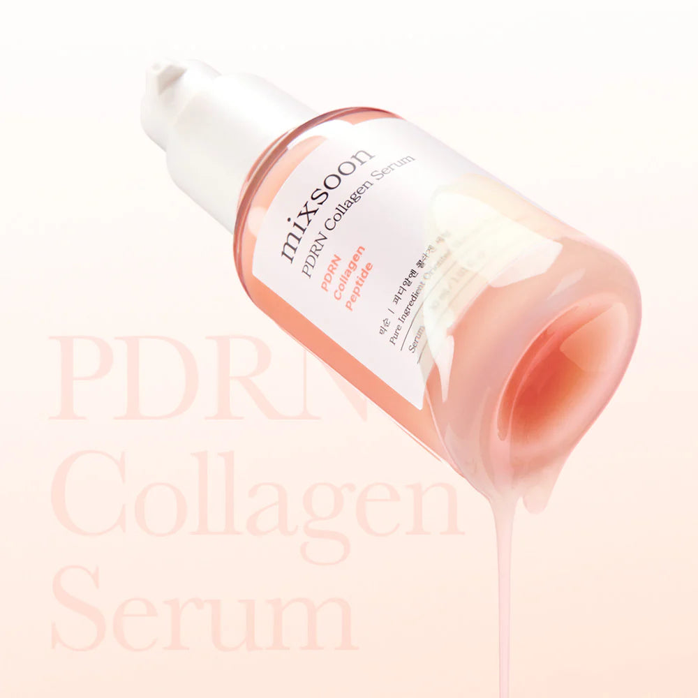 PDRI Collagen Serum bottle with visible serum being squeezed out on a light pink background