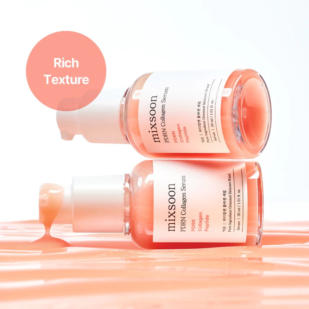 Two bottles of mixsoon serum with a focus on texture on a white background