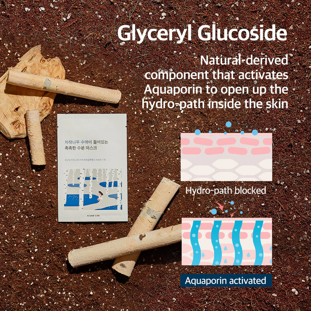 Glyceryl Glucoside product with wooden tools and educational graphics on a brown background