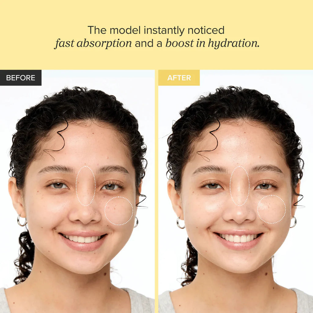 Before and after comparison of a woman's face with text about product absorption and hydration.