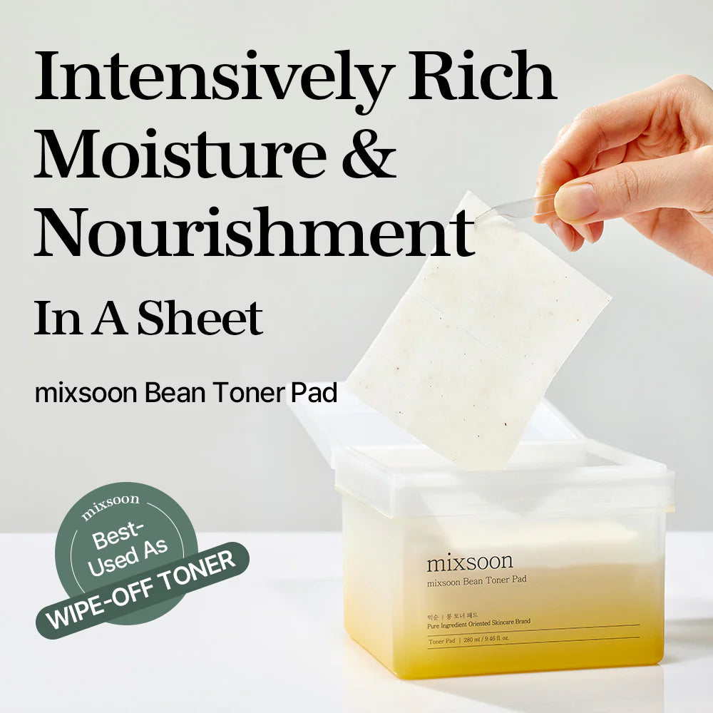 mixsoon Bean Toner Pad with text highlighting moisture and nourishment, and a hand holding a pad.