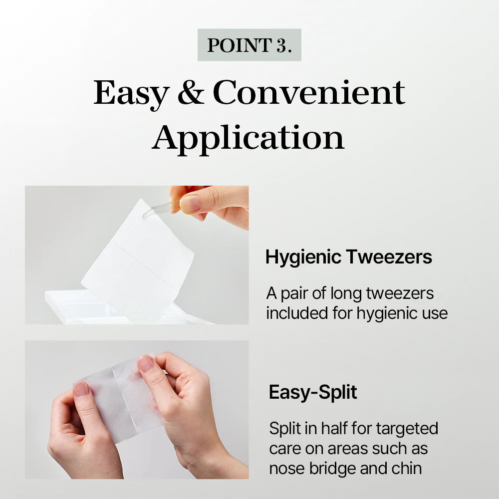 Product packaging with text on easy application and included hygienic tweezers.