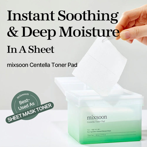 mixsoon Centella Toner Pad packaging with a hand holding a toner pad, text 'Instant Soothing & Deep Moisture In A Sheet'.