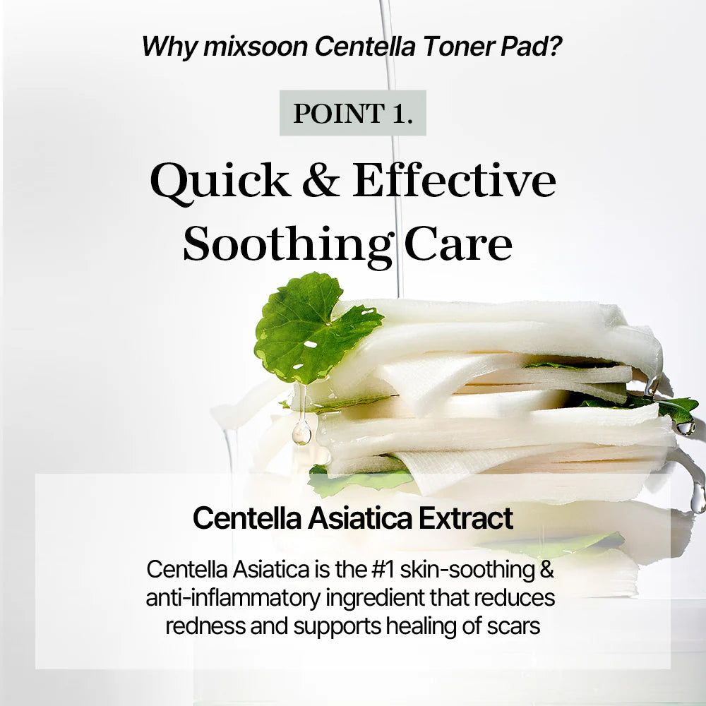 Promotional image of mixsoon Centella Toner Pad with text highlighting its benefits.
