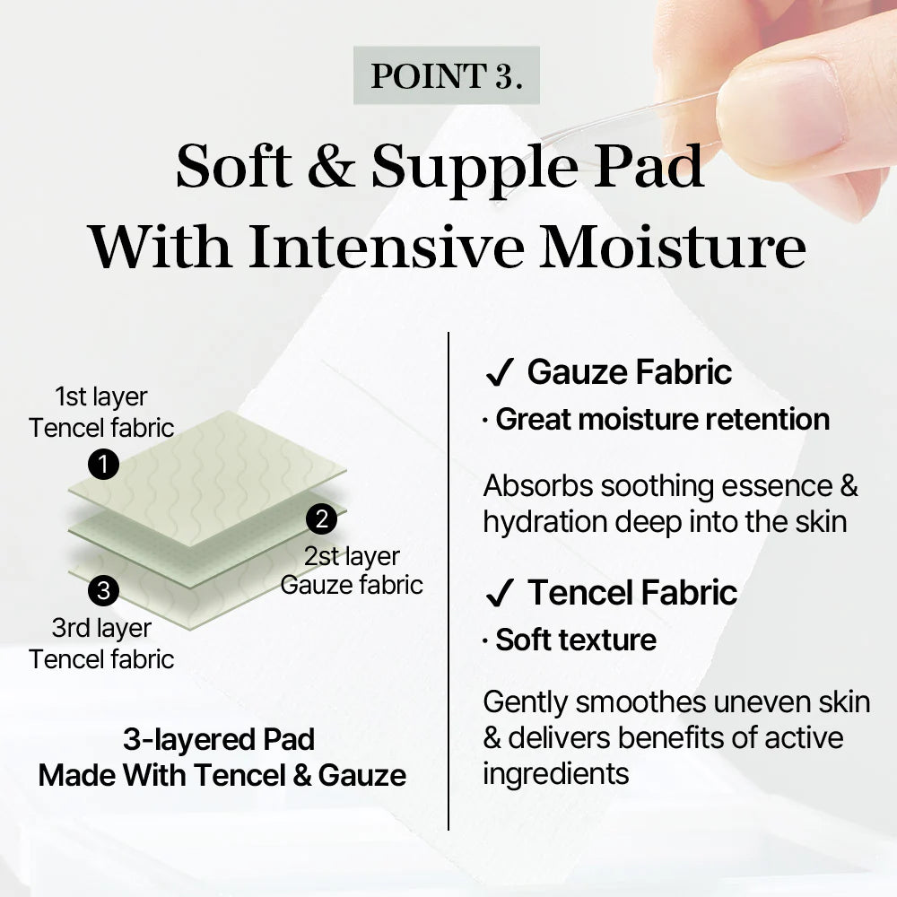 Diagram of a 3-layered pad with Tencel and gauze fabric, highlighting its soft and supple properties.
