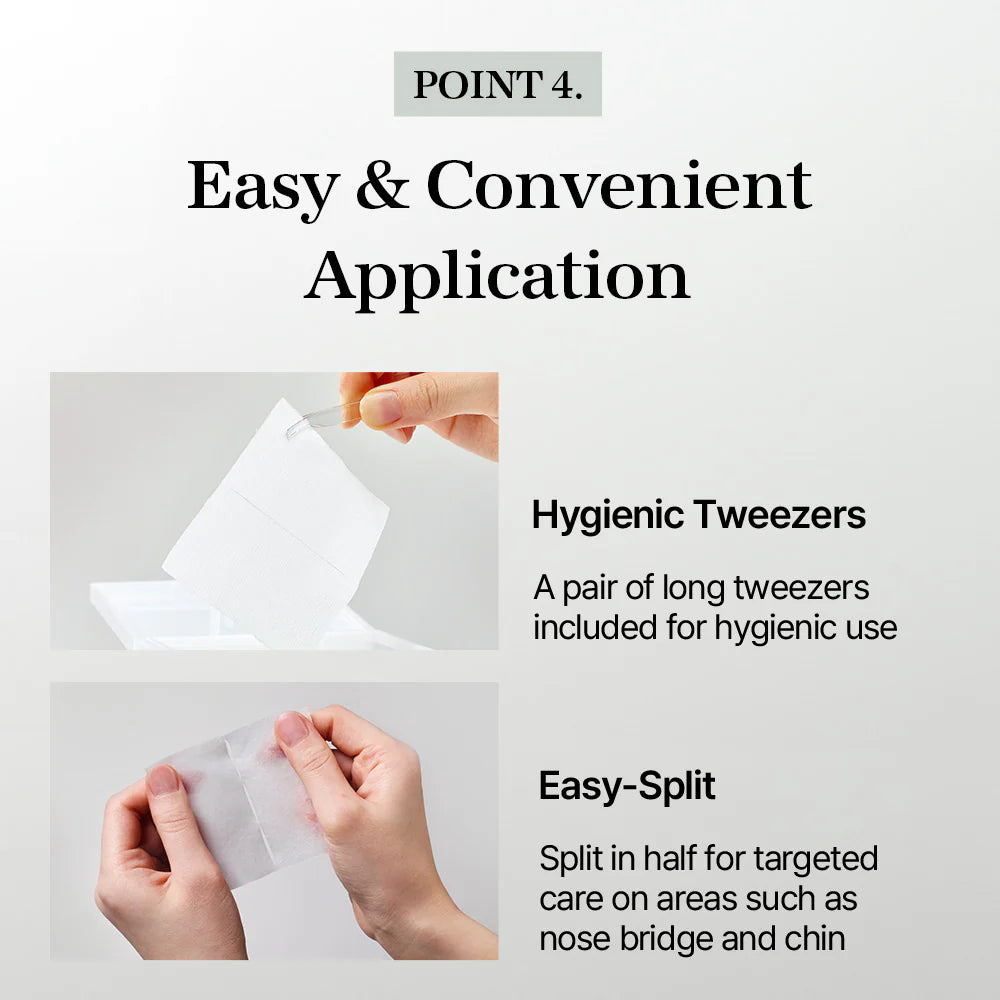 Product packaging with text on easy application and included hygienic tweezers.