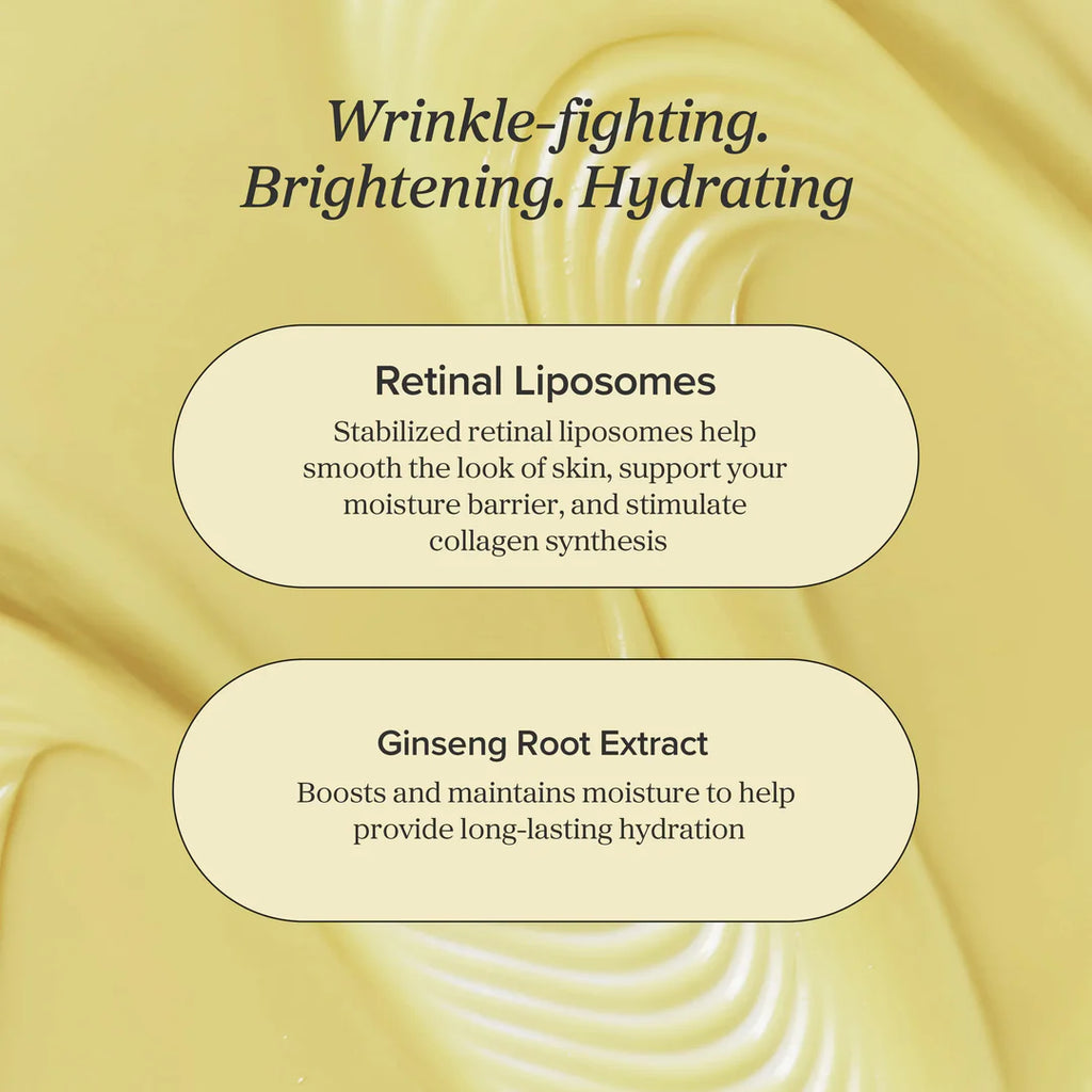 Skincare product description with retinal liposomes and ginseng root extract on a yellow background.
