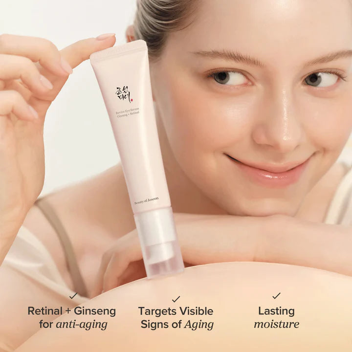 Woman holding a skincare product with text highlighting benefits on a light background